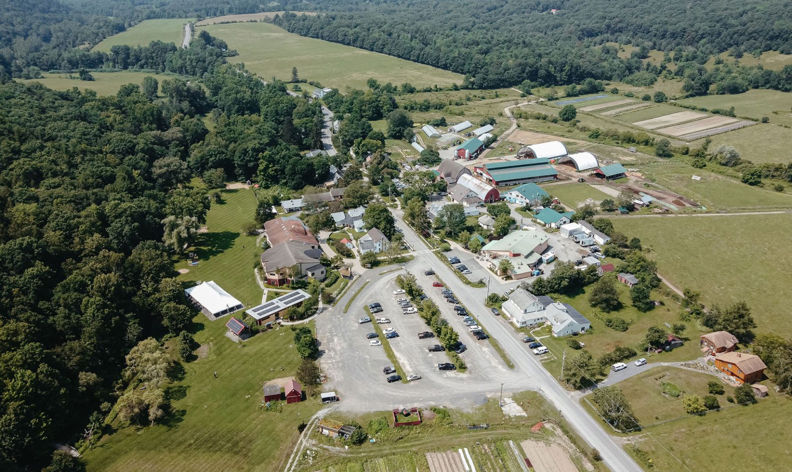 Aerial view of campus including farm