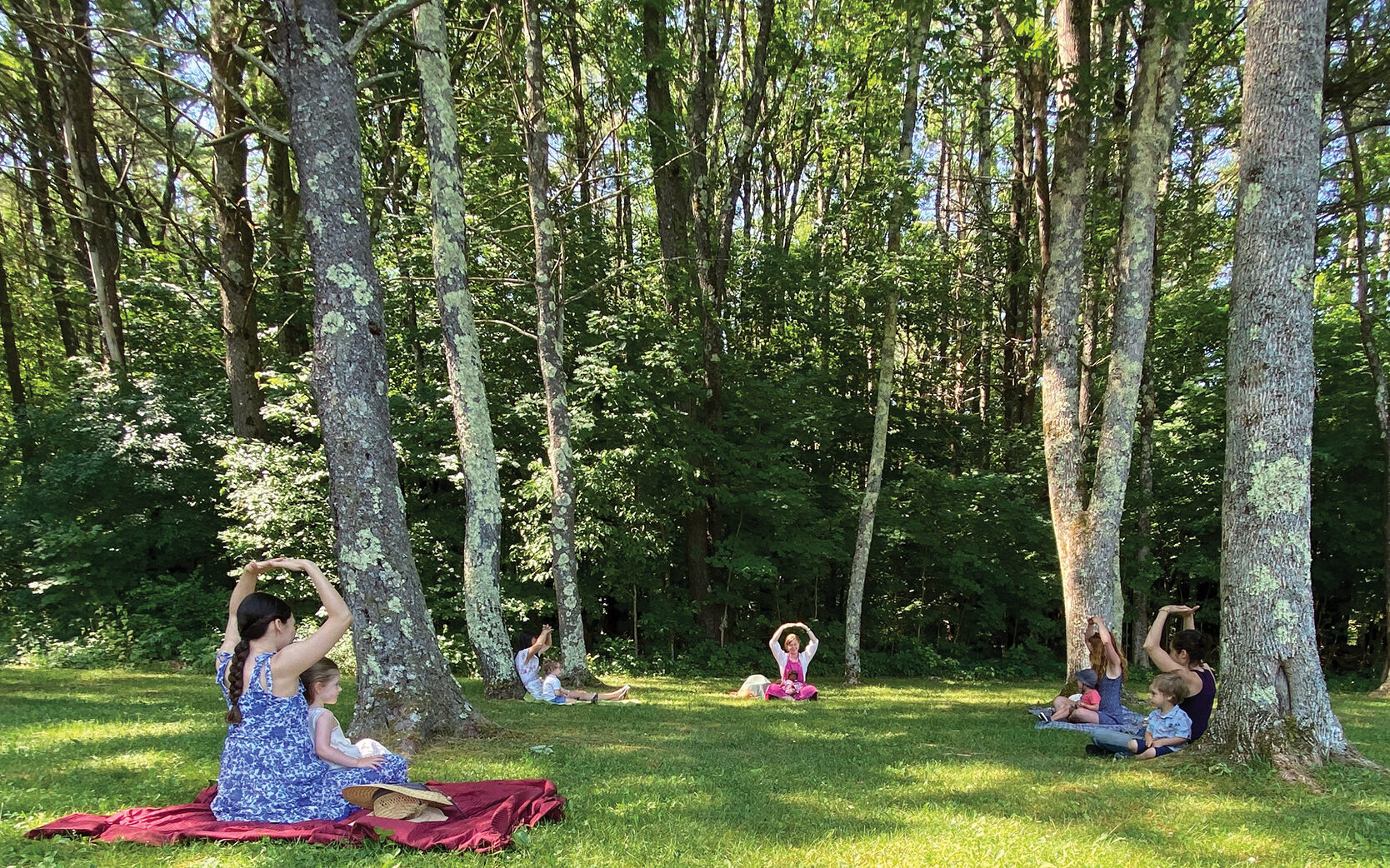 Caregiver and child pairs sit together on a lawn surrounded by tall trees; the grass is a vibrant green and the caregivers have their hands together over their heads